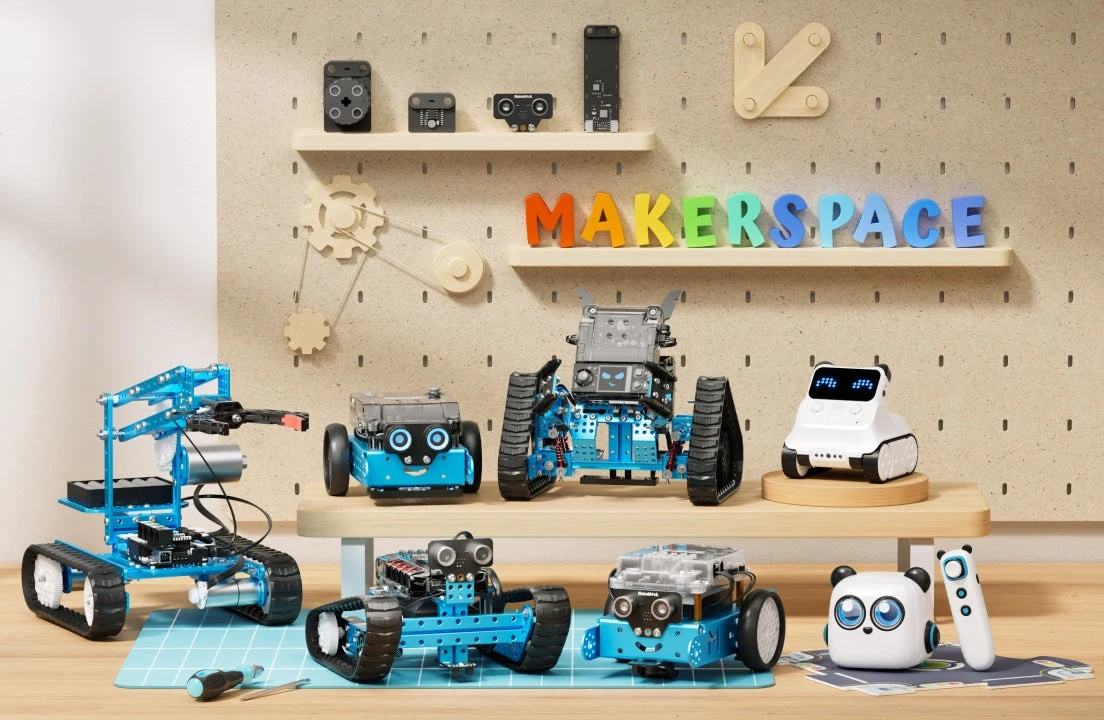 A makerspace shelf filled with Makeblock coding robots