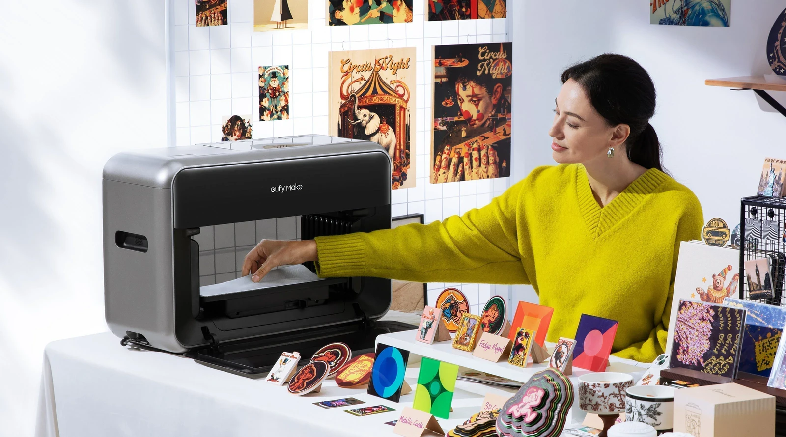 A maker using the eufyMake E1 UV printer in a bright workshop with printed artwork