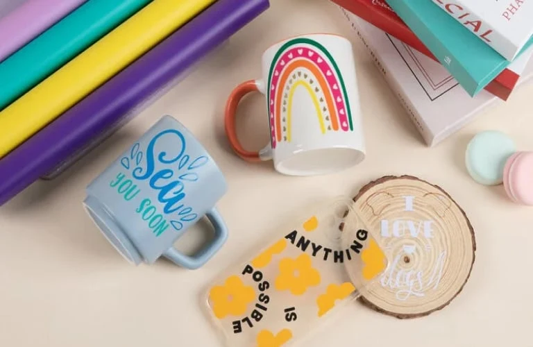 Colourful vinyl materials and personalised cups and clothing