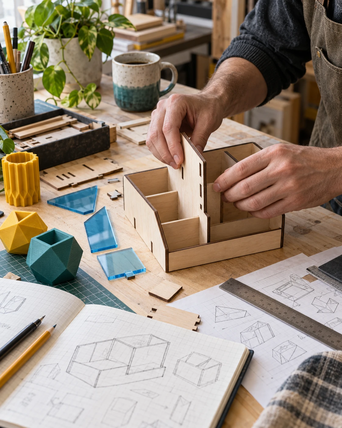 Hands assembling a plywood organiser among sketches and colourful prototypes