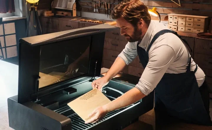 A maker setting up a laser cutter in a workshop
