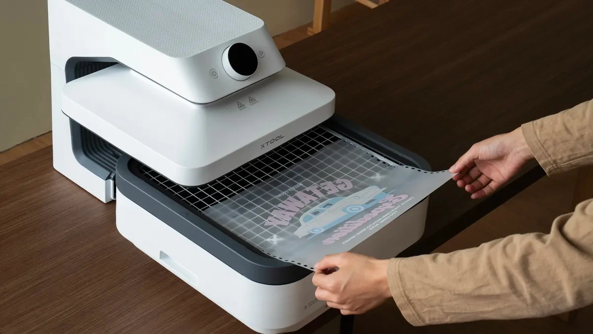 O folie de transfer este așezată pe tava tip grilă a modulului WonderPress Craft Oven.